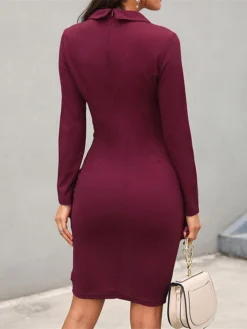 Women's Work Dress Sheath Dress Semi Formal Dress Fashion Office Daily Workfashion Midi Dress Button Lapel Long Sleeve Plain Regular Fit Black Wine Fuchsia Fall Winter S M L XL XXL -Party Prom Dresses Sales Store enmesi1695645166740