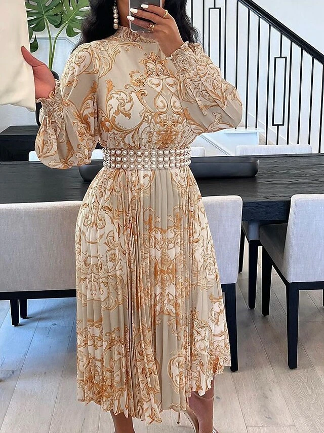 Women's A Line Dress Midi Dress Yellow Pink Green Long Sleeve Geometric Pleated Fall Winter Autumn High Neck Winter Dress Fall Dress 2023 S M L XL 2 Women's A Line Dress Midi Dress Yellow Pink Green Long Sleeve Geometric Pleated Fall Winter Autumn High Neck Winter Dress Fall Dress 2023 S M L XL - Image 2