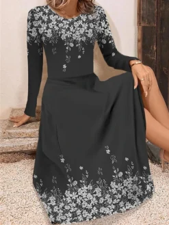 Women's Work Dress Casual Dress Swing Dress Fashion Winter Dress Daily Midi Dress Print Crew Neck Long Sleeve Floral Regular Fit Black Blue Brown Fall Winter S M L XL XXL -Party Prom Dresses Sales Store enxxxl1695350906820