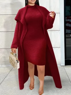 Women's Two Piece Dress Set Casual Dress Sheath Dress Daily Going Out Fashion Streetwear Lace Up Midi Dress Stand Collar Long Sleeve Plain Slim Black Yellow Wine Fall Winter S M L XL XXL