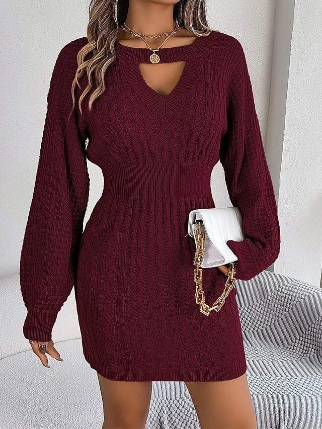 Women's Sweater Dress Jumper Dress Casual Dress Mini Dress Fashion Pure Color Outdoor Daily Going Out Crew Neck Long Sleeve Cut Out 2023 Loose Fit Wine Khaki Gray S M L 11 Women's Sweater Dress Jumper Dress Casual Dress Mini Dress Fashion Pure Color Outdoor Daily Going Out Crew Neck Long Sleeve Cut Out 2023 Loose Fit Wine Khaki Gray S M L - Image 11