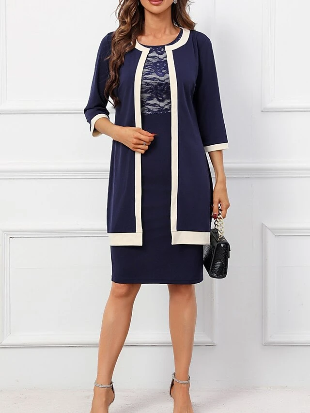 Women's Two Piece Dress Set Party Dress Lace Dress Party Office Fashion Elegant Lace Patchwork Midi Dress Crew Neck 3/4 Length Sleeve Plain Regular Fit Navy Blue Fall Winter S M L XL XXL 2 Women's Two Piece Dress Set Party Dress Lace Dress Party Office Fashion Elegant Lace Patchwork Midi Dress Crew Neck 3/4 Length Sleeve Plain Regular Fit Navy Blue Fall Winter S M L XL XXL - Image 2