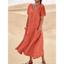 Women's Casual Dress Cotton Linen Dress Swing Dress Maxi Long Dress Linen Cotton Blend Fashion Classic Outdoor Daily Vacation Crew Neck Pocket Short Sleeve Summer Spring 2023 Loose Fit Black Pink Sky -Party Prom Dresses Sales Store eosfgl1681376494826