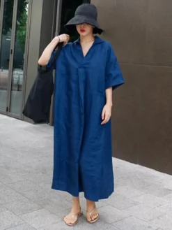 Women's Casual Dress Cotton Dress Swing Dress Cotton Blend Fashion Daily Date Vacation Weekend V Neck Baggy Short Sleeve White Navy Blue Khaki S M L XL 2XL -Party Prom Dresses Sales Store eoshyq1690547507798