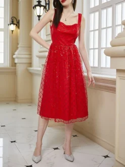 Women‘s Party Dress Homecoming Dress Cocktail Dress Midi Dress Red Sleeveless Pure Color Sparkly Glitter Sequins Summer Spring Fall Spaghetti Strap Fashion Wedding Guest Vacation Summer Dress -Party Prom Dresses Sales Store eoyjkl1690857834878
