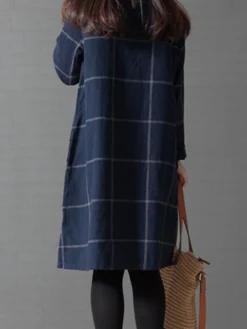 Women's Casual Dress Cotton Linen Dress Plaid Dress Midi Dress Polyester Basic Classic Outdoor Daily Vacation Crew Neck Pocket Print Long Sleeve Fall Winter Autumn 2023 Loose Fit Navy Blue Plaid L XL -Party Prom Dresses Sales Store epfwzm1693475207005