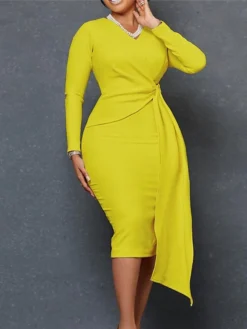 Women's Party Dress Bodycon Sheath Dress Knee Length Dress Yellow Orange Beige Long Sleeve Pure Color Ruched Fall Winter Autumn V Neck Fashion Winter Dress Fall Dress 2023 S M L XL XXL 3XL -Party Prom Dresses Sales Store eppcar1663308609082