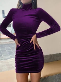 Women's Party Dress Velvet Dress Wedding Guest Dress Mini Dress Black Pink Wine Long Sleeve Pure Color Ruched Spring Fall Winter High Neck Fashion Winter Dress Evening Party Wedding Guest 2023 S M L -Party Prom Dresses Sales Store eqhqyl1692611674147
