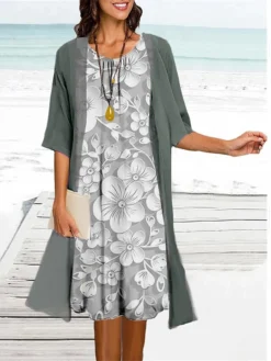 Women's Two Piece Dress Set Casual Dress Print Dress Outdoor Daily Fashion Elegant Print Midi Dress Crew Neck 3/4 Length Sleeve Floral Regular Fit Light Green Light Purple Green Summer Spring S M L -Party Prom Dresses Sales Store eqircz1684477264720