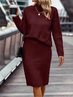 Women's Two Piece Dress Set Casual Dress Skirt Set Daily Holiday Fashion Streetwear Ribbed Midi Dress High Neck Long Sleeve Plain Loose Fit Black Wine Dark Pink Fall Winter S M L XL XXL -Party Prom Dresses Sales Store eqogdg1694426817018