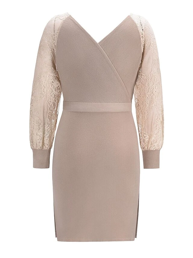 Women's Sweater Dress Knee Length Dress Blue Wine Khaki Black Long Sleeve Pure Color Lace Patchwork Fall Winter V Neck Elegant Sexy 2022 S M L XL XXL 5 Women's Sweater Dress Knee Length Dress Blue Wine Khaki Black Long Sleeve Pure Color Lace Patchwork Fall Winter V Neck Elegant Sexy 2022 S M L XL XXL - Image 5