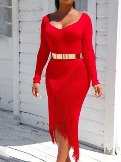Women‘s Party Dress Wedding Guest Dress Fringe Dress Bodycon Midi Dress Black White Red Long Sleeve Pure Color Tassel Fringe Spring Fall Winter V Neck Fashion Winter Dress Vacation 2022 S M L XL XXL -Party Prom Dresses Sales Store erbwyr1640250273399