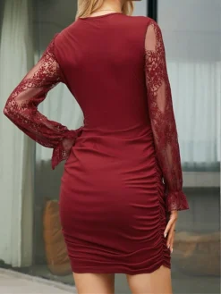 Women's Party Dress Homecoming Dress Cocktail Dress Mini Dress Black Red Blue Long Sleeve Pure Color Lace Fall Winter Autumn V Neck Fashion Winter Dress Wedding Guest Vacation 2023 S M L XL XXL -Party Prom Dresses Sales Store erltaf1695028825354