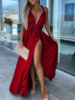 Women's Party Dress Homecoming Dress Satin Dress Pink Dress Long Dress Maxi Dress Black Light Green Wine Sleeveless Pure Color Lace Up Summer Spring Fall V Neck Fashion Evening Party Wedding Guest -Party Prom Dresses Sales Store esgelo1685586743452