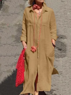 Women's Shirt Dress Casual Dress Cotton Linen Dress Maxi Long Dress Linen / Cotton Blend Daily Casual Daily Outdoor Daily Vacation Shirt Collar Button Pocket Long Sleeve Spring Fall Winter 2023 Loose