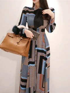 Women's Work Dress Sheath Dress Swing Dress Fashion Winter Dress Office Daily Long Dress Maxi Dress Button Print V Neck Long Sleeve Stripe Print Regular Fit Khaki Fall Winter S M L XL -Party Prom Dresses Sales Store esqgew1695030990875