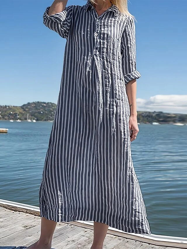 Women's Shirt Dress Casual Dress Cotton Linen Dress Midi Dress Linen / Cotton Blend Modern Casual Outdoor Daily Vacation Shirt Collar Button Print Long Sleeve Summer Spring Fall 2023 Loose Fit Black 2 Women's Shirt Dress Casual Dress Cotton Linen Dress Midi Dress Linen / Cotton Blend Modern Casual Outdoor Daily Vacation Shirt Collar Button Print Long Sleeve Summer Spring Fall 2023 Loose Fit Black - Image 2