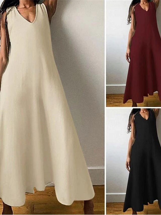 Women's Casual Dress Cotton Linen Dress Swing Dress Maxi Long Dress Cotton Blend Basic Modern Outdoor Daily Vacation V Neck Basic Sleeveless Summer Spring 2023 Regular Fit Black Wine Khaki Plain S M 7 Women's Casual Dress Cotton Linen Dress Swing Dress Maxi Long Dress Cotton Blend Basic Modern Outdoor Daily Vacation V Neck Basic Sleeveless Summer Spring 2023 Regular Fit Black Wine Khaki Plain S M - Image 7