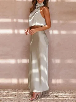 Women's Two Piece Dress Set Casual Dress Skirt Set Daily Holiday Fashion Sexy Ruched Long Dress Maxi Dress Stand Collar Sleeveless Plain Regular Fit Black White Light Green Summer Spring S M L XL -Party Prom Dresses Sales Store etabyu1690857203403