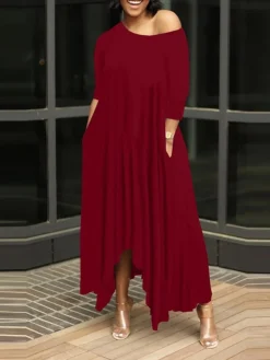 Women's Work Dress Black Dress White Dress Fashion Long Dress Maxi Dress Ruched Pocket One Shoulder 3/4 Length Sleeve Plain Regular Fit Black White Pink Fall S M L XL XXL