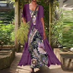 Women's Dress Set Two Piece Dress Chiffon Dress Long Dress Maxi Dress Black Red Navy Blue Short Sleeve Floral Lace Up Summer Spring Crew Neck Stylish Loose Fit 2023 S M L XL XXL 3XL 4XL 5XL