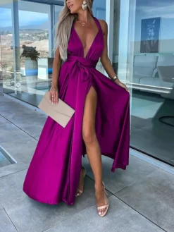 Women's Party Dress Homecoming Dress Satin Dress Pink Dress Long Dress Maxi Dress Black Light Green Wine Sleeveless Pure Color Lace Up Summer Spring Fall V Neck Fashion Evening Party Wedding Guest -Party Prom Dresses Sales Store etxwpm1685586736233