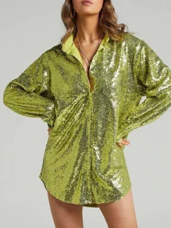 Women's Shirt Dress Party Dress Sequin Dress Mini Dress Light Pink Blue Green Long Sleeve Pure Color Sequins Spring Fall Winter Shirt Collar Fashion Winter Dress Vacation Fall Dress 2023 S M L