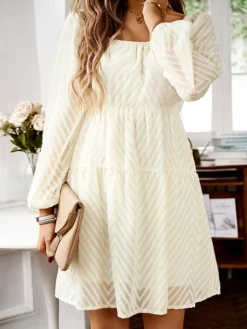 Women's Work Dress Black Dress Semi Formal Dress Fashion Mini Dress Ruched Square Neck Long Sleeve Plain Loose Fit Black Red Army Green Fall S M L XL