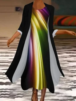Women's Two Piece Dress Long Dress Maxi Dress Rainbow Long Sleeve Color Block Print Summer Spring Crew Neck Stylish Winter Dress Fall Dress Loose Fit 2023 S M L XL XXL 3XL 4XL 5XL