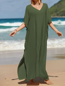 Women's White Dress A Line Dress Cover Up Long Dress Maxi Dress Cotton Basic Casual Outdoor Daily Vacation V Neck Split 3/4 Length Sleeve Summer Spring Fall 2022 Loose Fit Black White Yellow Plain -Party Prom Dresses Sales Store euzpjo1672828151230