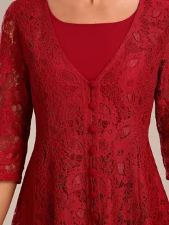 Women's Party Dress Lace Dress Cocktail Dress Midi Dress Red 3/4 Length Sleeve Pure Color Lace Spring Fall Winter Crew Neck Fashion Winter Dress Christmas Wedding Guest 2023 S M L XL XXL 3XL -Party Prom Dresses Sales Store evezgz1697613767763