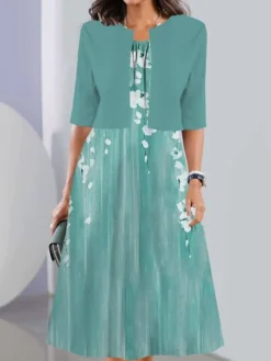 Women's Two Piece Dress Set Casual Dress Chiffon Dress Daily Going Out Fashion Streetwear Pocket Print Midi Dress Crew Neck Half Sleeve Floral Loose Fit Light Green Blue Dark Green Summer Spring S M