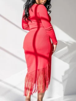 Women‘s Party Dress Wedding Guest Dress Fringe Dress Bodycon Midi Dress Black White Red Long Sleeve Pure Color Tassel Fringe Spring Fall Winter V Neck Fashion Winter Dress Vacation 2022 S M L XL XXL -Party Prom Dresses Sales Store evpbed1640250273657