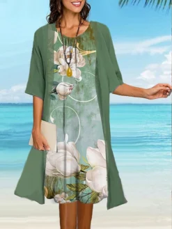 Women's Two Piece Dress Set Casual Dress Shift Dress Outdoor Daily Fashion Casual Print Midi Dress Crew Neck 3/4 Length Sleeve Floral Loose Fit Light Green Green Summer Spring S M L XL XXL -Party Prom Dresses Sales Store evwiyj1678966691206