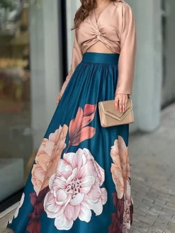 Women's Two Piece Dress Set Casual Dress Skirt Set Outdoor Daily Active Fashion Pleated Tie Knot Long Dress Maxi Dress V Neck Long Sleeve Floral Regular Fit Blue Fall S M L XL XXL