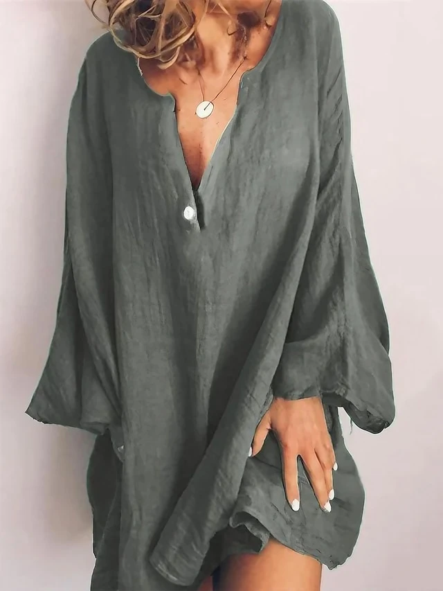 Women's Cotton Linen Dress Casual Dress Shift Dress Mini Dress Cotton Blend Fashion Modern Daily Vacation V Neck Button Long Sleeve Summer Spring 2023 Regular Fit Wine Blue Brown Pure Color S M L XL 1 Women's Cotton Linen Dress Casual Dress Shift Dress Mini Dress Cotton Blend Fashion Modern Daily Vacation V Neck Button Long Sleeve Summer Spring 2023 Regular Fit Wine Blue Brown Pure Color S M L XL