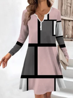 Women's Work Dress Casual Dress Fashion Winter Dress Daily Mini Dress Button Print V Neck Long Sleeve Geometric Plaid Regular Fit Pink Blue Gray Fall Winter S M L XL XXL