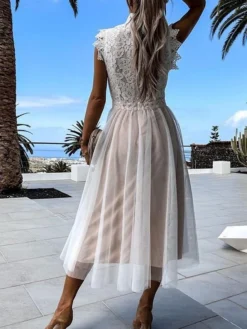 Women‘s Party Dress Wedding Guest Dress Lace Dress Swing Dress Midi Dress White Sleeveless Pure Color Lace Spring Summer Crew Neck Classic Daily Date Slim 2023 S M L XL -Party Prom Dresses Sales Store ewpqqr1671704732628