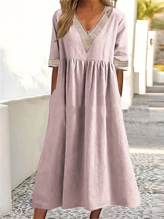 Women's Casual Dress Cotton Linen Dress Swing Dress Midi Dress Cotton Blend Fashion Basic Outdoor Daily Vacation V Neck Lace Ruched Half Sleeve Summer Spring Fall 2023 Loose Fit White Pink Blue Plain 2 Women's Casual Dress Cotton Linen Dress Swing Dress Midi Dress Cotton Blend Fashion Basic Outdoor Daily Vacation V Neck Lace Ruched Half Sleeve Summer Spring Fall 2023 Loose Fit White Pink Blue Plain - Image 2