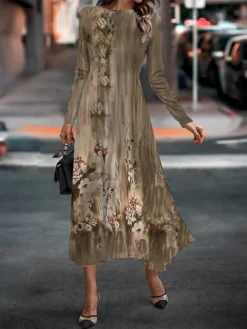 Women's Work Dress Casual Dress Semi Formal Dress Fashion Winter Dress Daily Midi Dress Print Crew Neck Long Sleeve Floral Slim Blue Brown Green Fall Winter S M L XL XXL