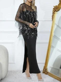 Women's Two Piece Dress Set Party Dress Sheath Dress Party Wedding Guest Fashion Party Mesh Split Long Dress Maxi Dress Crew Neck Long Sleeve Plain Loose Fit Black Fall Winter S M L XL XXL -Party Prom Dresses Sales Store eytmdu1696926222717