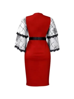 Women's Work Dress Casual Dress Black Dress Fashion Office Daily Workfashion Midi Dress Lace Up Mesh V Neck 3/4 Length Sleeve Color Block Regular Fit Black White Red Fall Winter S M L XL XXL -Party Prom Dresses Sales Store eyucft1695645205759