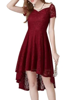 Women‘s Christmas Party Dress Lace Dress Cocktail Dress Midi Dress Black Pink Wine Short Sleeve Pure Color Lace Spring Fall Winter Square Neck Fashion Winter Dress Wedding Guest Vacation 2023