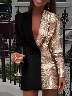 Women's Party Dress Sequin Dress Work Dress Blazer Dress And Jacket Set Mini Dress Champagne Pink Red Long Sleeve Pure Color Sequins Spring