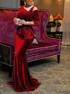 Women‘s Formal Party Dress Velvet Dress Red Sheath Dress Long Dress Maxi Dress Wine Dark Blue Black 3/4 Length Sleeve Pure Color Ruched Winter Fall Crew Neck Elegant Slim 2023 S M L XL 2XL 3XL