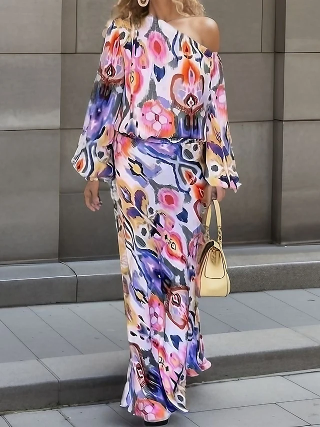 Women's Two Piece Dress Set Casual Dress Sheath Dress Outdoor Daily Fashion Streetwear Print Maxi Dress One Shoulder Long Sleeve Graphic Abstract Loose Fit Red Royal Blue Sky Blue Summer Spring S M L 1 Women's Two Piece Dress Set Casual Dress Sheath Dress Outdoor Daily Fashion Streetwear Print Maxi Dress One Shoulder Long Sleeve Graphic Abstract Loose Fit Red Royal Blue Sky Blue Summer Spring S M L