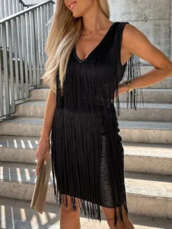 Women's Party Dress Fringe Dress Homecoming Dress Mini Dress Silver Black Gold Sleeveless Pure Color Tassel Fringe Fall Winter Autumn Spaghetti Strap Fashion Vacation 2023 S M L XL -Party Prom Dresses Sales Store ezqnay1694166362443