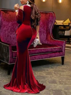 Women‘s Formal Party Dress Velvet Dress Red Sheath Dress Long Dress Maxi Dress Wine Dark Blue Black 3/4 Length Sleeve Pure Color Ruched Winter Fall Crew Neck Elegant Slim 2023 S M L XL 2XL 3XL -Party Prom Dresses Sales Store ezuwea1681885133800