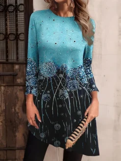 Women's Work Dress Casual Dress Fashion Winter Dress Daily Mini Dress Print Crew Neck Long Sleeve Leaf Dandelion Regular Fit Light Green Blue Green Fall Winter S M L XL XXL -Party Prom Dresses Sales Store ezzsom1694426130120