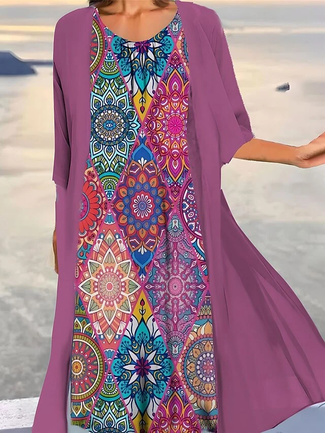 Women's Two Piece Dress Set Casual Dress Print Dress Outdoor Daily Vintage Ethnic Print Midi Dress Crew Neck 3/4 Length Sleeve Floral Tribal Loose Fit Black Navy Blue Royal Blue Summer Spring S M L 4 Women's Two Piece Dress Set Casual Dress Print Dress Outdoor Daily Vintage Ethnic Print Midi Dress Crew Neck 3/4 Length Sleeve Floral Tribal Loose Fit Black Navy Blue Royal Blue Summer Spring S M L - Image 4